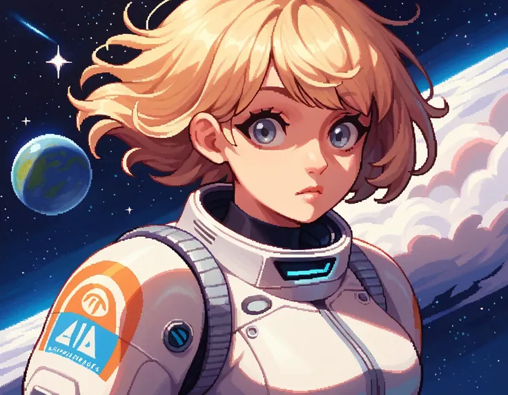 score_9, score_8_up, score_7_up, pixel art, 1girl, space background, wearing a space suit, floating in space, lovely lighting, bob cut hair, grey eyes, confused expression