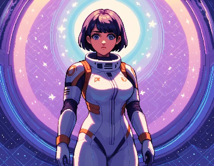 score_9, score_8_up, score_7_up, pixel art, 1girl, space background, wearing a space suit, floating in space, lovely lighting, bob cut hair, grey eyes, confused expression