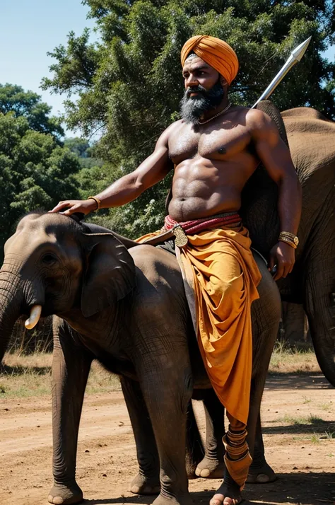 A commander sitting on an elephant with a spear in one hand and a turban on his head, who is a rural deity