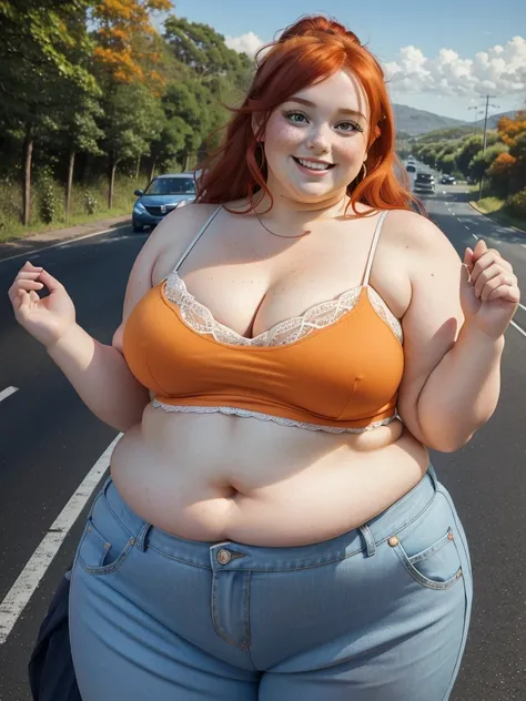 A Happy upper front look photo of a young beautiful redhead bbw bride with soft fat belly, wide fat obese hips, thick fat legs and fat arms, cute pretty face, small breasts, blue eyes, freckles, in a cute orange top and trousers driving a cabrio car on a r...