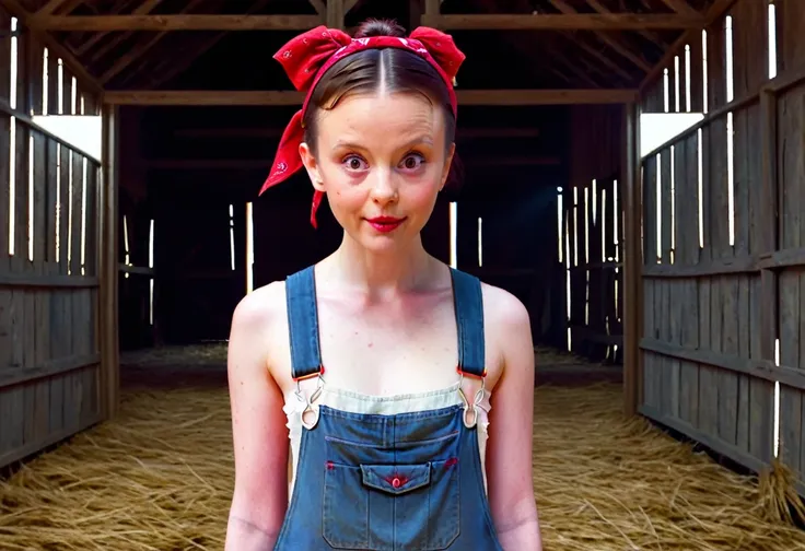 m1ag0th woman, hair bun, red bandana, wearing only overalls, in a barn, pearl movie