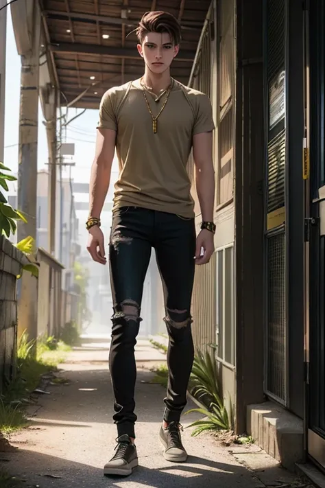 Anime guy, 21 years old, cuberpunk, neutral expression, with brown hair parted in the middle, buzzed undercut, yellow eyes, clay grey T-shirt, skinny biker jeans, gold cross necklace, standing in an old plant covered abandoned city 