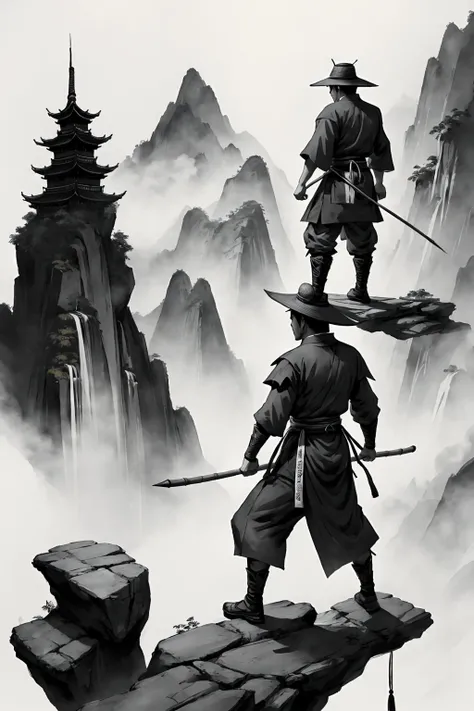 Draw a card, a martial arts hero wearing a bamboo hat with a pointed top. The hero stood on a high platform, with his back to the person. Surrounded by steep peaks. The painting style adopts Chinese ink wash style, with black and white as the main color to...