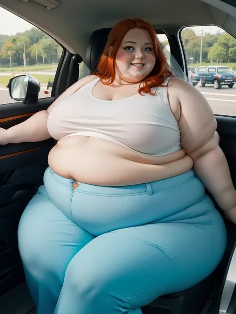 A Happy upper front look photo of a young beautiful redhead bbw bride with soft fat belly, wide fat obese hips, thick fat legs and fat arms, cute pretty face, small breasts, blue eyes, freckles, in a cute orange top and trousers sitting in a car and drivin...