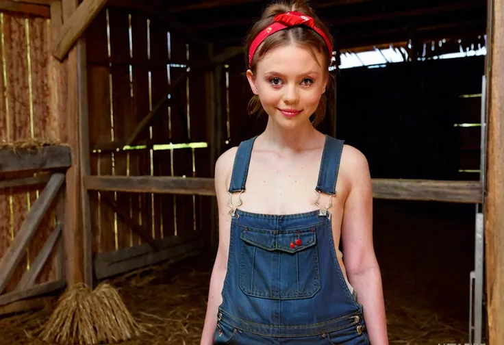 m1ag0th woman, hair bun, red bandana, wearing only overalls, in a barn, pearl movie