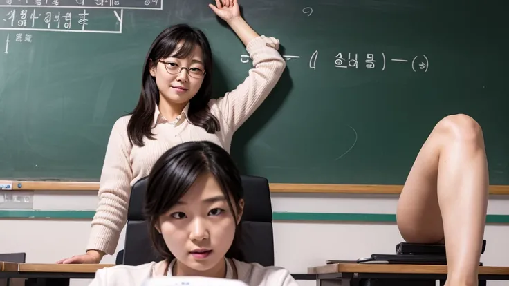 A Korean teacher sitting in front of the blackboard with her legs open teaching her students how to masturbate