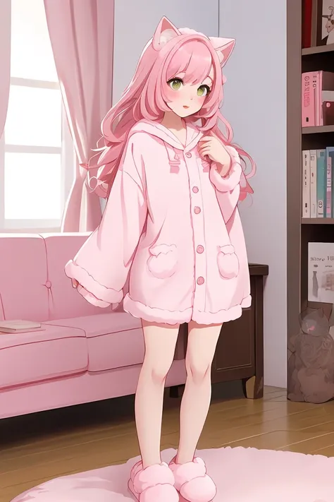 score_9,score_8_up,score_7_up,masterpiece, top quality, best quality, official art, beautiful and aesthetic, animation, , 1girl with cat ear, perfect figure, pink hair, complicated details, living room, standing, cute hooded pajamas, stockings, cute little...