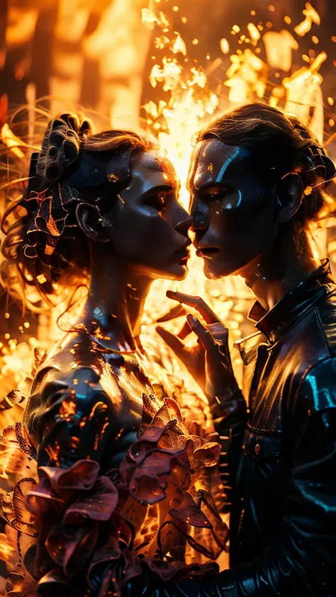 masterpiece，best quality，Extremely detailed，high resolution，1 romantic couple，flame，Dynamic Scene Scale 1.3，Romantic couple kissing in the fire，Firestorm，on fire，Bizarre fantasy image，Excellent skin texture，Magic Circle，Casting a Spell，strange，紫色strength，s...