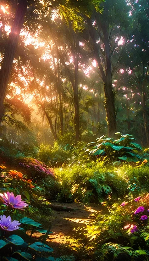 beautiful forest at dawn, idyllic, magic, majestic, epic lighting, dense foliage, colorful flowers, sunlight, reality, movie, wa...