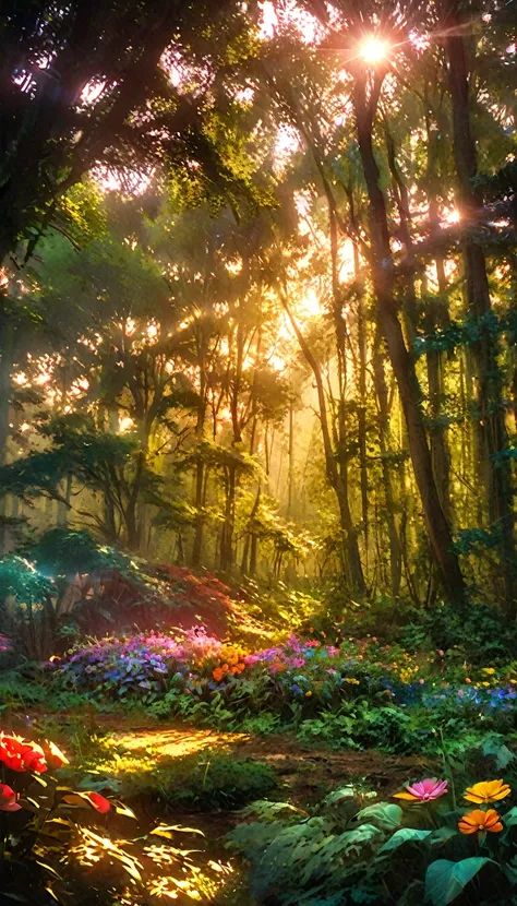 beautiful forest at dawn, idyllic, magic, majestic, epic lighting, dense foliage, colorful flowers, sunlight, reality, movie, wa...