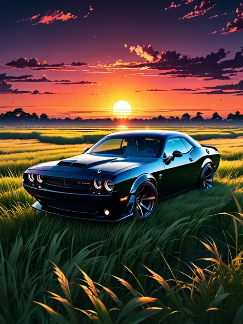 anime landscape of A pearl black classic Dodge Challenger SRT Demon sits in a field of tall grass with a sunset in the background.beautiful anime scene, beautiful anime peace scene, Makoto Shinkai Cyril Rolando, beautiful anime scene, amazing wallpaper, an...