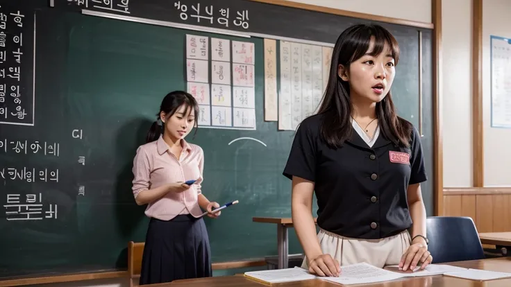 A Korean teacher in front of the blackboard giving instructions to her students how to masturbate 