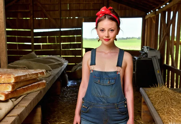 m1ag0th woman, hair bun, red bandana, wearing only overalls, in a barn, pearl movie, naked