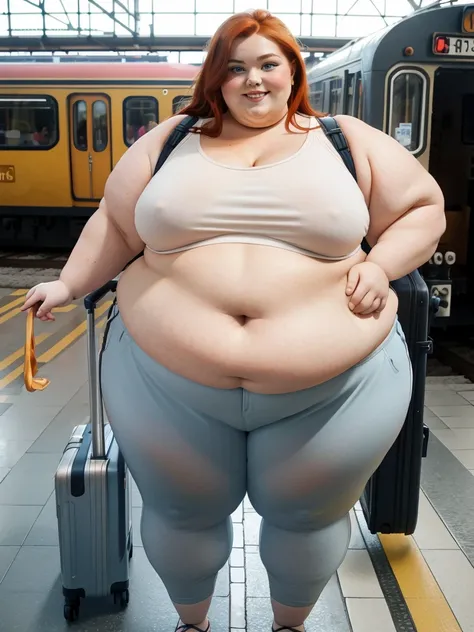 A Happy upper front look photo of a young beautiful redhead bbw bride with soft fat belly, wide fat obese hips, thick fat legs and fat arms, cute pretty face, small breasts, blue eyes, freckles, in a cute orange top and trousers with a suitcase in a train ...