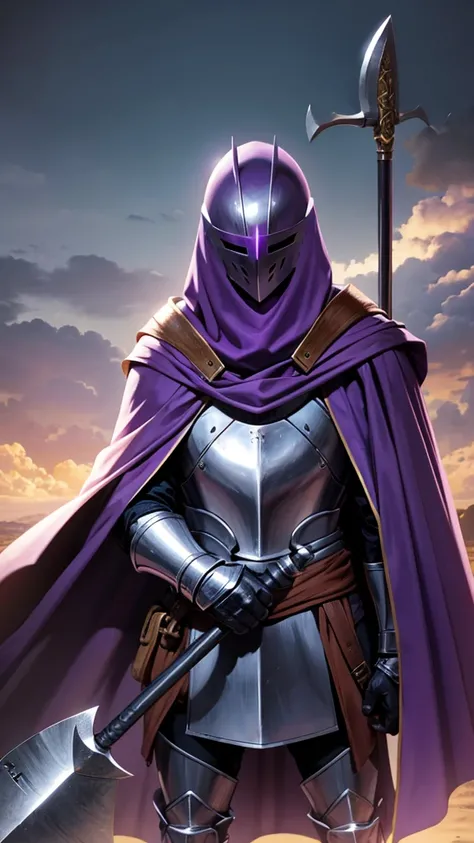 Knight wearing a flat helmet that covers the face, with a purple cape and holds an axe