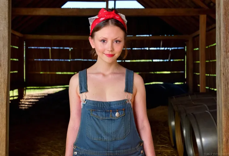 m1ag0th woman, hair bun, red bandana, wearing only overalls, in a barn, pearl movie