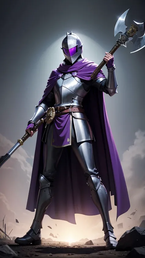 Knight wearing a flat helmet that covers the face, with a purple cape and holds an axe