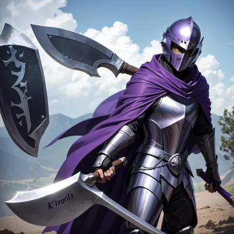 Knight wearing a flat helmet that covers the face, with a purple cape and uses a battle axe