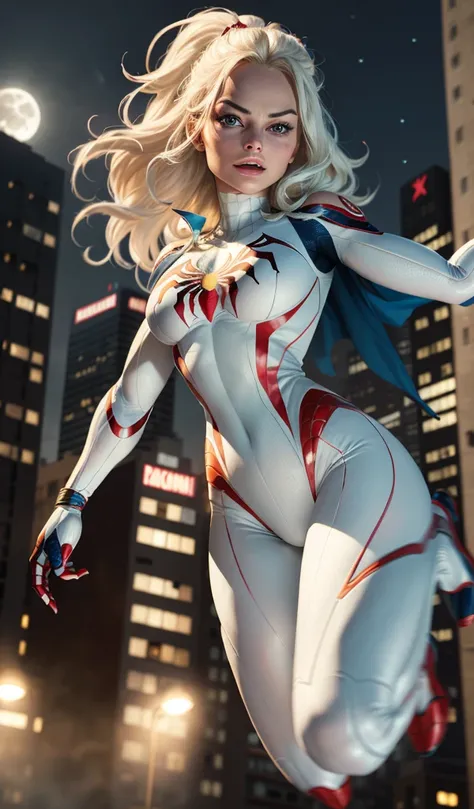 Margot Robbie (Masterpiece, 4k resolution, ultra-realistic, very detailed), (White superhero theme, charismatic, theres a girl at the top of town, wearing Spider-Man costume, shes a superhero), [ (25 years), ( long white hair:1.2), full body, (blue eyes:1....