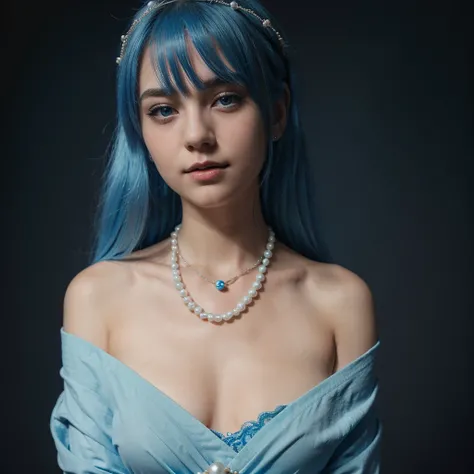 A beautiful girl  Blue hair, white With an intimate look with a blue pearl necklace, Dark background, 