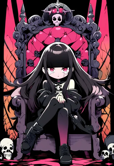 Black Hair、Black Feather、Gothic Punk、Sit on a chair, Crossing your legs、Throne、tears,anime zombie witch design, Crossbones, skull, Streetwear Design, Provector, Horror Style, Full Design, Only 6 colors, Solid Colors, No Shadow, Full Design, Stickers, Brigh...