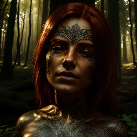 a naked red-haired elf,extremely detailed face and body,incredibly intricate tattoos,mystical glowing aura,ancient forest background,magical golden light,dramatic chiaroscuro lighting,cinematic composition,vibrant fantasy colors,highly detailed digital pai...