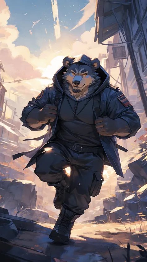 (masterpiece:1.2), best quality,pixiv,official art,perfect anatomy, (Ray tracing, light),solo, (1_male:1.3) , (muscle), (grey fur:1.4), (muscle bear), (beard:1.2), (gleaming golden eyes), bear tail, full body, Thick black eyebrows,(open hooded parka), (nak...