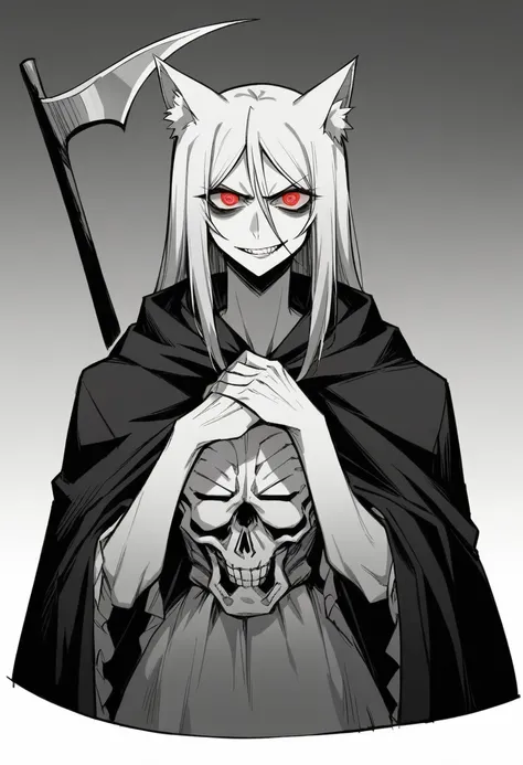 "silver-haired"
"wolf ears"
"grim reaper"
"death goddess"
"mischievous smile"
"sinister grin"
"anime style"
"dark fantasy"
"gothic lolita"
"skeletal motifs"
"scythe weapon"
"afterlife"
"ethereal beauty"
"menacing aura"
"black cloak"
"long flowing dress"
"p...