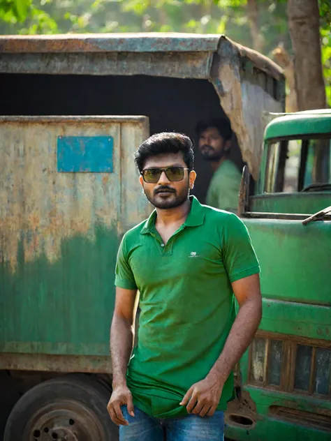 there is a man standing next to a truck with a green shirt, jayison devadas, taken with sony alpha 9, shot on nikon z9, candid p...