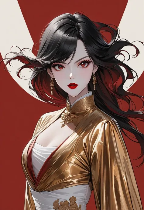 Flat illustration of a fashionable girl, Exaggerated pose,Ruby Red vs Gold Clothes and Hair,The Minimalists art,Pure Klein Red Background, Supremacist style ，Elegant Shanghai woman,beautiful eyes,Long eyelashes,Red lips,Random Shooting,Smooth lines, Pure w...