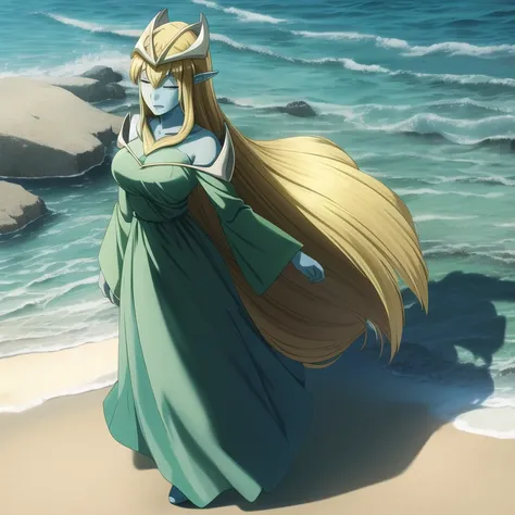 mysticalygo, mystical elf, smile, friendly look, medium breasts, eyes closed, green dress, long skirt, full body view, large sleeves, blue skin, blonde hair, long hair, Yugioh, standing, beach