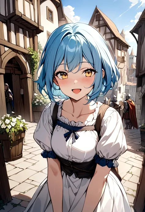 (Medieval Europe:1.2),(best quality,high resolution,masterpiece:1.2),(Stills),(Sunny atmosphere:1.3),Front view,(1 beautiful woman),(An 18-year-old female),(Depth of Field),(Outdoor during the day,:1.2),Blue Hair,Yellow eyes,short hair,Open mouth smile,Whi...