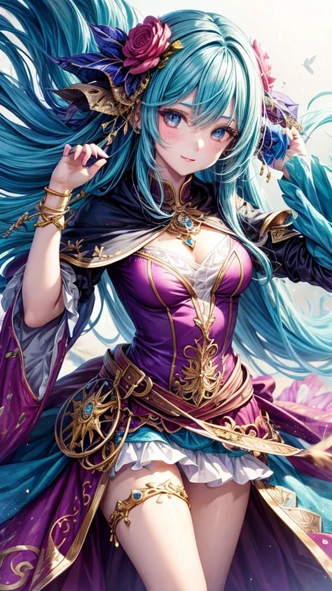 fantasy world girl with colorful hair, accessories, detailed clothing 