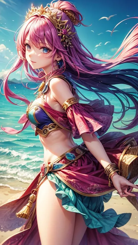 fantasy world girl with colorful hair, accessories, detailed clothing 