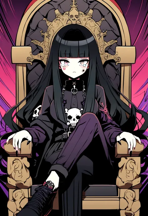 Black Hair、Black Feather、Gothic Punk、Sit on a chair, Crossing your legs、Throne、tears,anime zombie witch design, Crossbones, skull, Streetwear Design, Provector, Horror Style, Full Design, Only 6 colors, Solid Colors, No Shadow, Full Design, Stickers, Brigh...