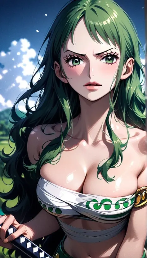 masterpiece, best quality), intricate details, 1 girl, woman, green hair, zoro  (one piece), (long hair), shirt, white shirt, female focus, clothes, green colour kimono, sarashi, nature, scenery, upper body, straw hat, ((front view)) ((close up shot)) ((so...