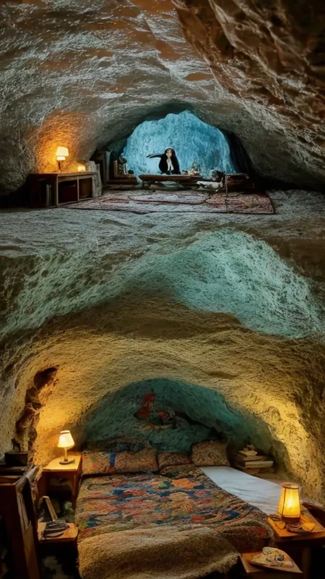 There is a bed with a colorful blanket and a window, a cave painting inspired by Ilya Glazunov, Flicker, Art Nouveau, Cozy rooms, snow cave, cozy bathhouse hidden in a cave, Cozy place, Studio Ghibli Bedroom, Inside a Hobbit Hole, books cave, Cozy and quie...