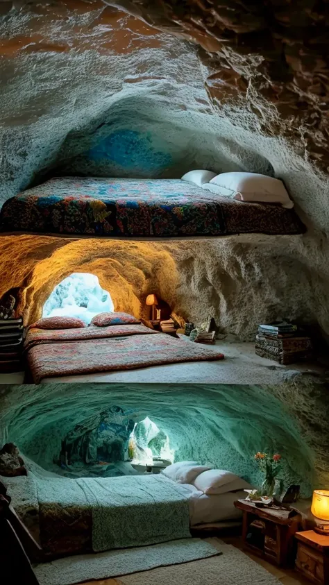 There is a bed with a colorful blanket and a window, a cave painting inspired by Ilya Glazunov, Flicker, Art Nouveau, Cozy rooms, snow cave, cozy bathhouse hidden in a cave, Cozy place, Studio Ghibli Bedroom, Inside a Hobbit Hole, books cave, Cozy and quie...