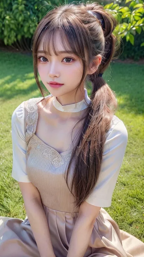 One piece with collar,outdoors,Urban Park,On the lawn,Ultra-detailed, finely detail, hight resolution, 8K Wallpaper, Perfect dynamic composition, Beautiful detailed eyes,Outdoor,Close-up of face,Outdoor,Blushing,Facing forward,,Long hair ponytail,((8k, Raw...