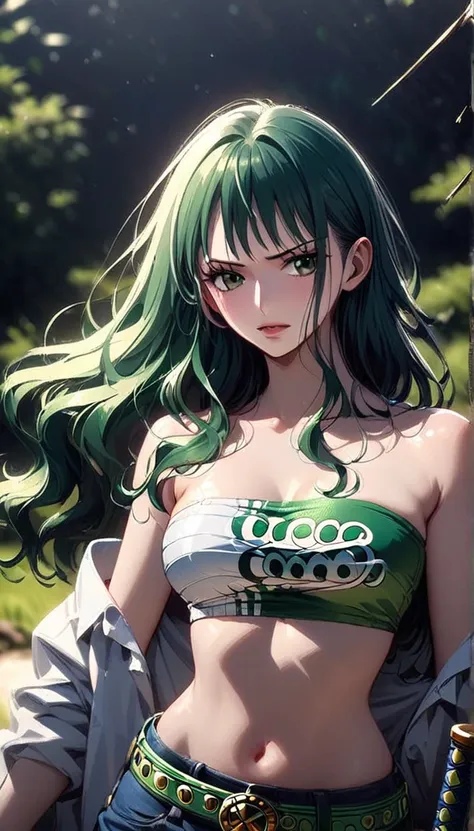 masterpiece, best quality), intricate details, 1 girl, woman, green hair, zoro  (one piece), (long hair), shirt, white shirt, female focus, clothes, green colour kimono, sarashi, nature, scenery, upper body, straw hat, ((front view)) ((close up shot)) ((so...