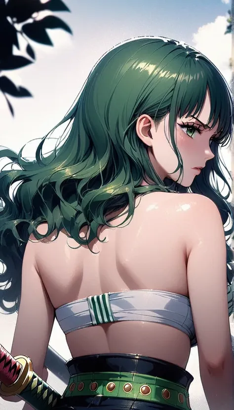 masterpiece, best quality), intricate details, 1 girl, woman, green hair, zoro \ (one piece\), (long hair), shirt, white shirt, ...