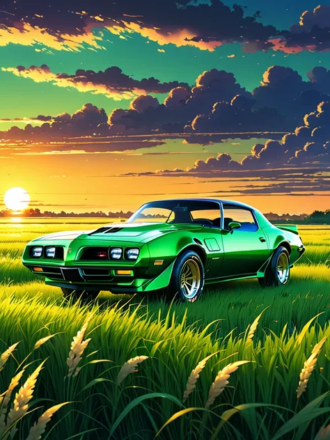 anime landscape of A pearl lime green classic Pontiac Firebird Transam sits in a field of tall grass with a sunset in the background.beautiful anime scene, beautiful anime peace scene, Makoto Shinkai Cyril Rolando, beautiful anime scene, amazing wallpaper,...