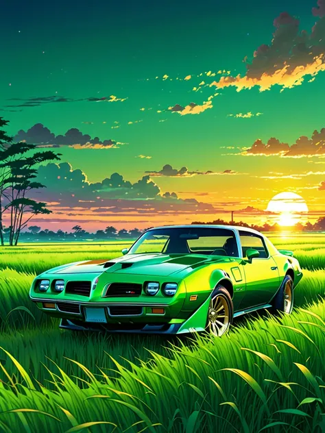 anime landscape of A pearl lime green classic Pontiac Firebird Transam sits in a field of tall grass with a sunset in the background.beautiful anime scene, beautiful anime peace scene, Makoto Shinkai Cyril Rolando, beautiful anime scene, amazing wallpaper,...