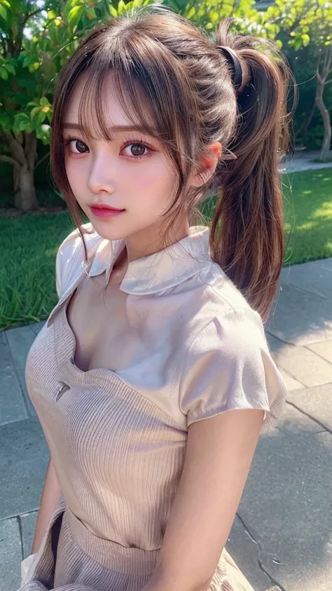 One piece with collar,outdoors,Urban Park,On the lawn,Ultra-detailed, finely detail, hight resolution, 8K Wallpaper, Perfect dynamic composition, Beautiful detailed eyes,Outdoor,Close-up of face,Outdoor,Blushing,Facing forward,,Long hair ponytail,((8k, Raw...