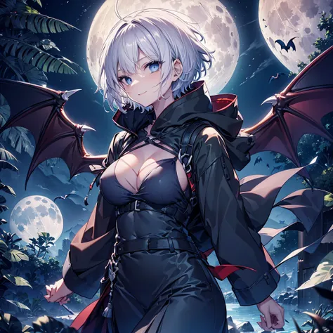 ((((vampire　Inflammation))))　(((Gray Hair　short hair　blue eyes　woman　Center close-up)))，((night　full moon　My own big wings))，(Wearing a hood　Black camisole　Purple light)，　A strained smile　Shining Background　Shining Edges