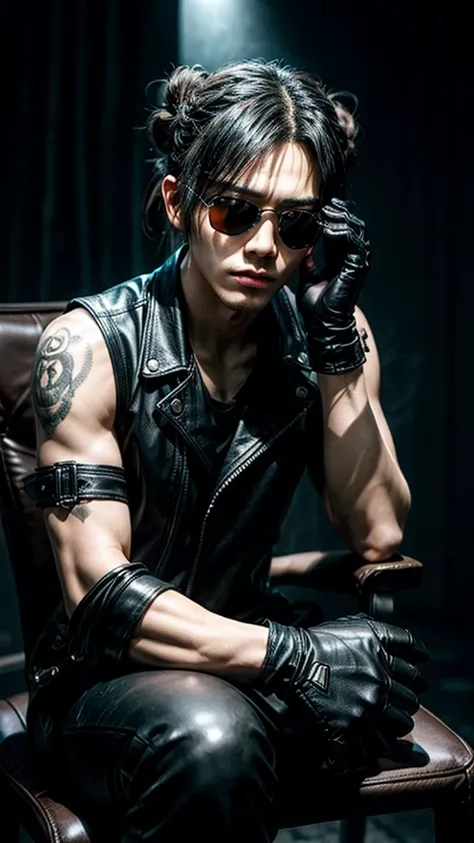 a stylish korean man with long hair tied in bun, wearing black round sunglasses, black leather gloves, dark clothing, sitting on a chair in a dark environment, dynamic point of view, best quality, ultra-detailed, photorealistic, vivid colors, dramatic ligh...