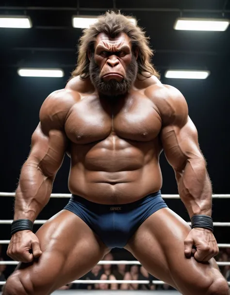 (RAW photo of a Neanderthals:1) , (hyper realistic:1.4), (Neanderthal man:1.4),transformation,(half gorilla mix :1), tall, bulky,hulk body, chubby, (very muscular:2), (hairy body:1.5),(detail face:1.1), tan skin, thick arms, (veiny arms:1.1), (bloated gut:...