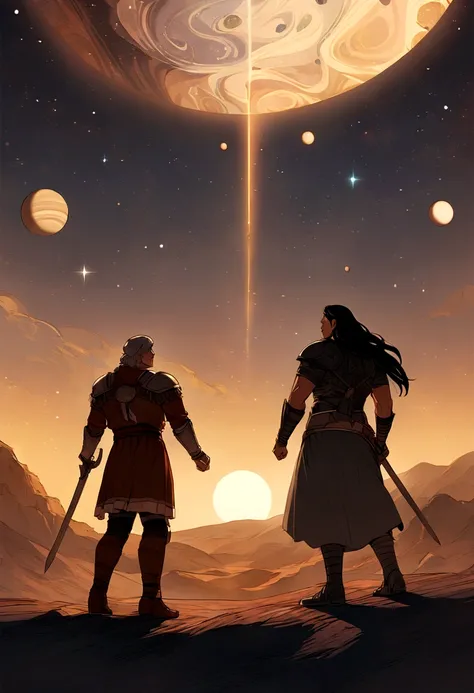 Ziz from Jewish Mythology Two stout and powerful Roman male warriors with long hair face each other on the desert ground of a planet in the galaxy, which can be seen in the context of stars, planets and time travel. These two Roman warriors "dont have" the...