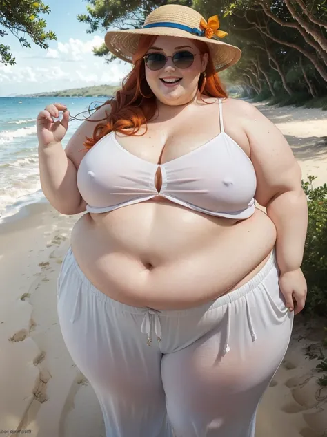 A Happy upper front look photo of a young beautiful redhead bbw bride with soft fat belly, wide fat obese hips, thick fat legs and fat arms, cute pretty face, small breasts, blue eyes, freckles, in a cute orange top and trousers wearing a summer hat and su...