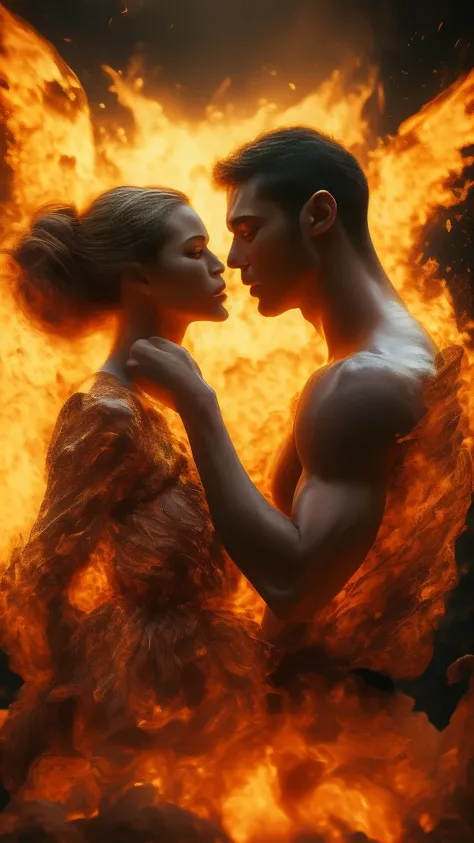 masterpiece，best quality，Extremely detailed，high resolution，1 romantic couple，flame，Dynamic Scene Scale 1.3，Romantic couple kissing in the fire，Firestorm，on fire，Bizarre fantasy image，Excellent skin texture，Magic Circle，Casting a Spell，strange，紫色strength，s...